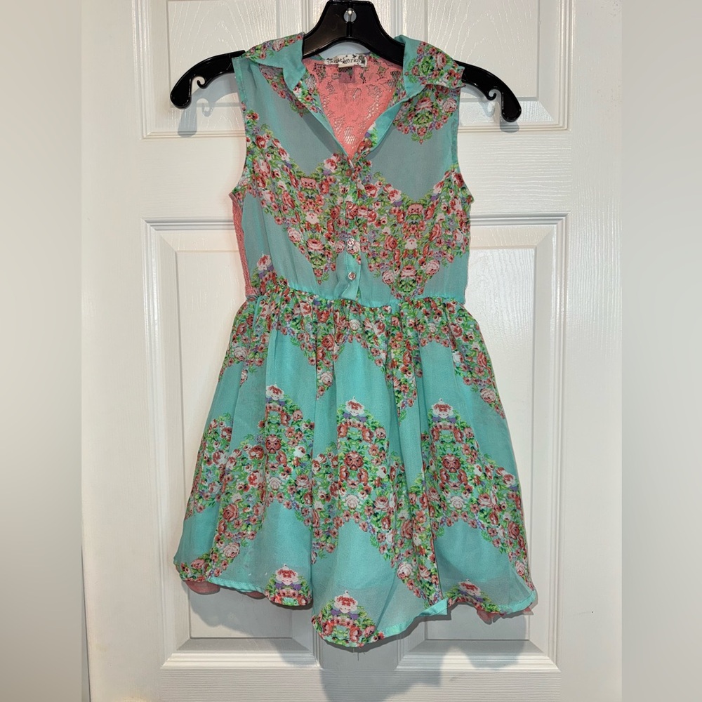 Knitworks Floral Kids Dress - Teal and Pink. Size 8